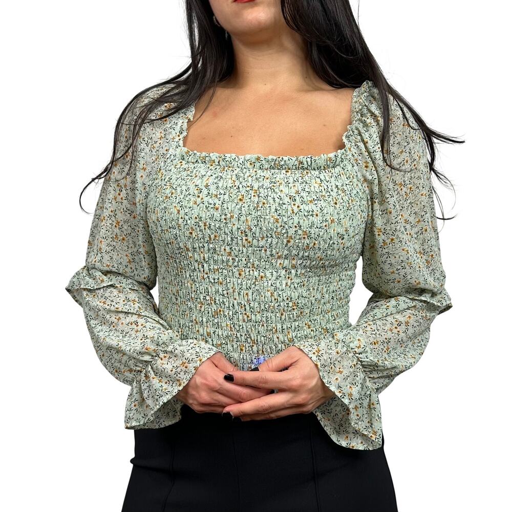 Wild Fable Green Floral Smocked Peasant Sleeve Blouse